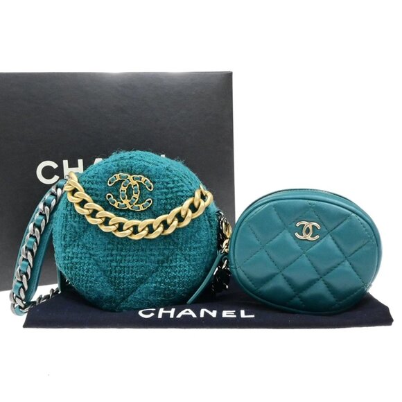 CHANEL 19 CC Logo Round Chain Mini Shoulder Bag Tweed Leather Green 332LC528 - Picture 1 of 16